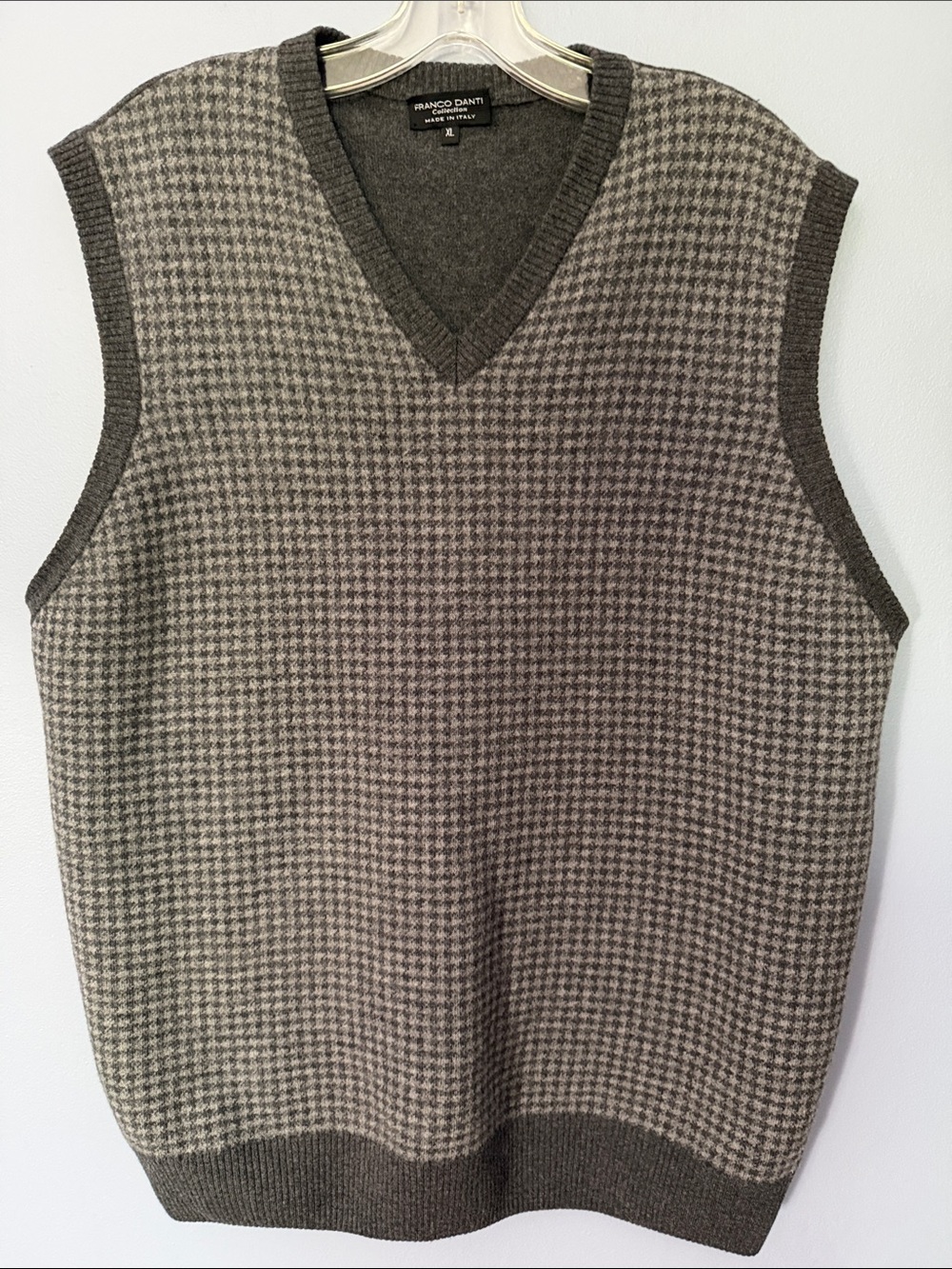 Franco D’Anti Made in Italy Gray Houndstooth Sweater Vest Wool V-Neck Sz XL